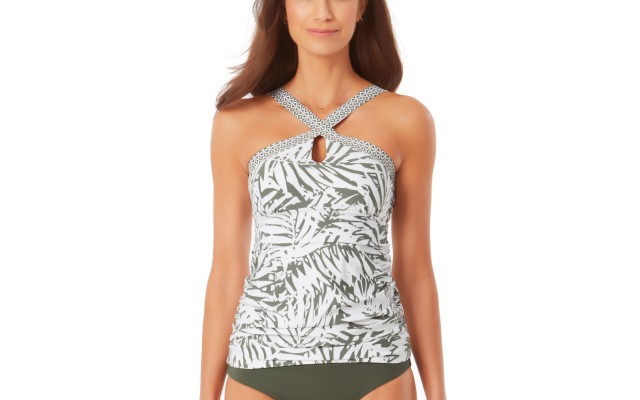  Signature Womens Palm Breeze Hi-Neck Tankini Top, Olive/White, X-Small