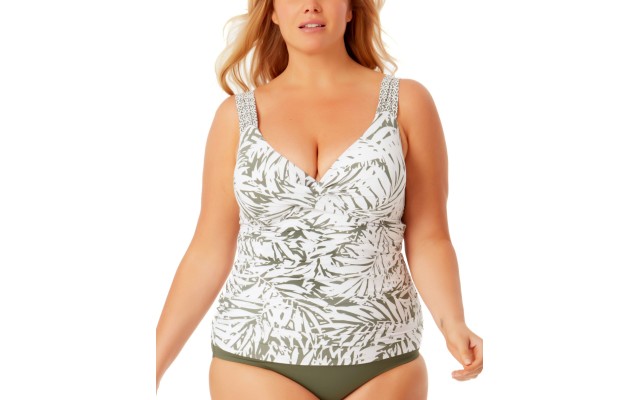  Women’s Plus Size Printed Underwire Twist-Front Tankini Tops, Green, 16W