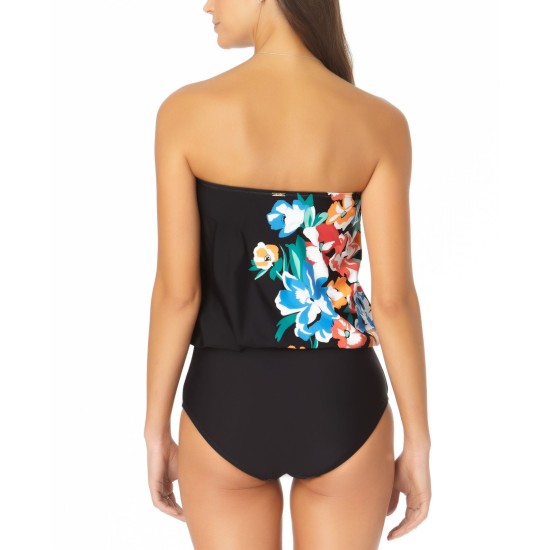 Women's Printed Blouson One-Piece Swimsuits, Black, 6