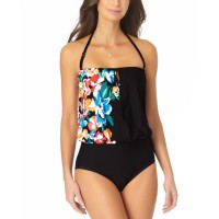 Anne Cole Women's Printed Blouson One-Piece Swimsuits, Black, 6