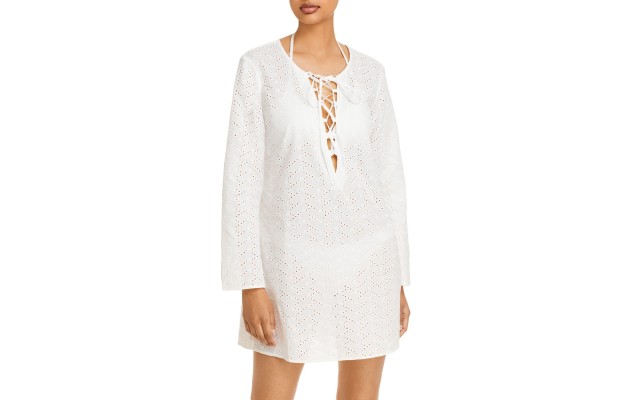  Cotton Eyelet Tunic Swim Cover-Up, Large, White