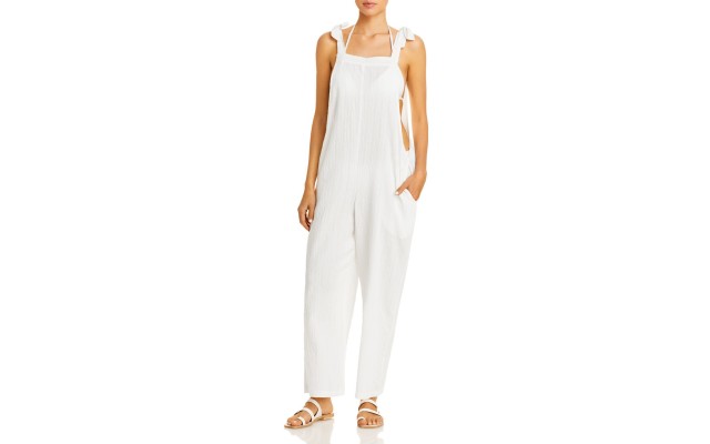  Cotton Jumpsuit Swim Cover-Up, White, Small