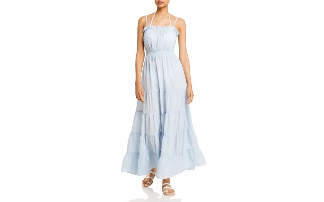  Womens Cotton Tiered  Swim Dress, Blue, Large