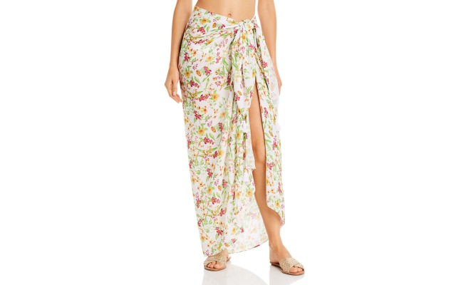  Womens Floral Tassel Sarong Swim Cover-Up, White