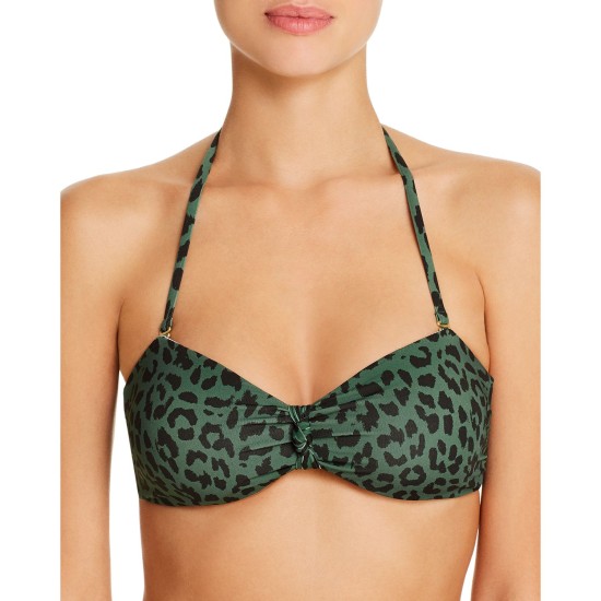  Womens Leopard Ruched Swim Top, Green, X-Small