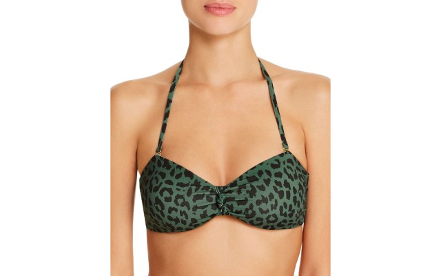  Womens Leopard Ruched Swim Top, Green, X-Small