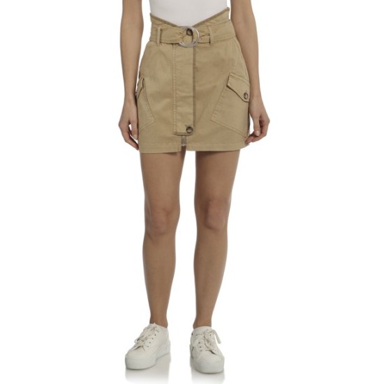  Les Filles Women’s Juniors Belted Cotton Utility Mini Skirt, Medium, Beige