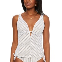 Bar III Crochet Plunge Tankini Top, Light Beige, Medium