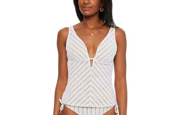  Crochet Plunge Tankini Top, Light Beige, Medium