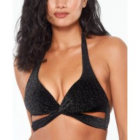 Bar III Shimmer Twist-Halter Bikini Top,Black, Small