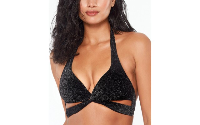  Shimmer Twist-Halter Bikini Top,Black, Small