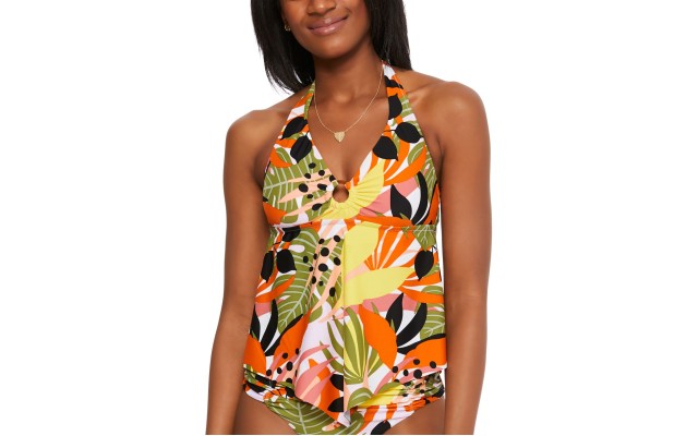  Tropical-Print Tankini Top, Multi, Medium