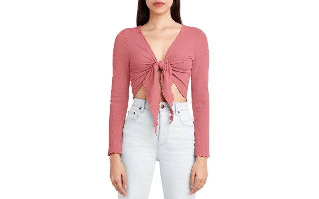 BCB Generation Knit Tie Front Long Sleeve Top, Medium, Pink