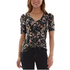 Bcx Juniors’ Puff-Shoulder Twist-Hem Top, Black multi, Medium