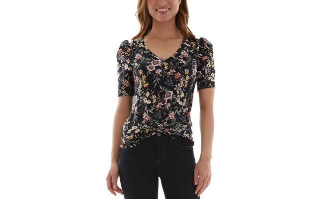  Juniors’ Puff-Shoulder Twist-Hem Top, Black multi, Medium