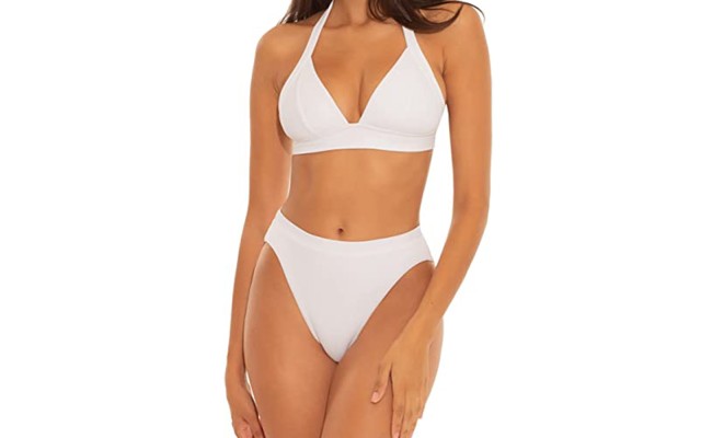  Women’s Bianca Textured Banded Triangle Bikini Top White S