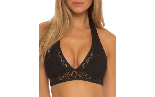  Women’s Courtney Crochet Banded Triangle Halter Bikini Top Black S