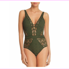 Becca by Rebecca Virtue Women’s Sheer Crochet Plunge One Piece Swimsuit Bay Leaf M