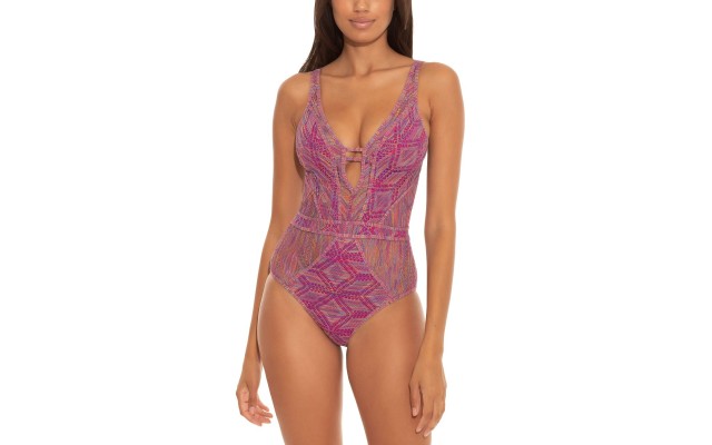  Women's Virtue Color Play Crochet One Piece Swimsuits, Purple, X-Large