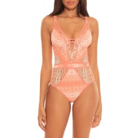 Becca by Rebecca Women's Virtue Color Play Crochet One Piece Swimsuits, Orange, Small