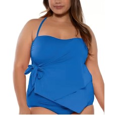 Becca Etc Plus Size Solid Color Code Asymmetrical Tankini Top, Blue, 3X