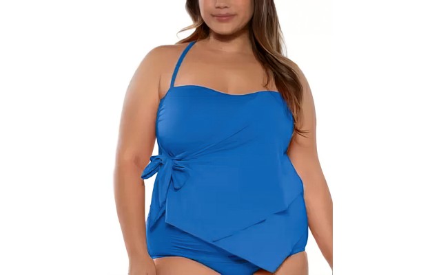  Etc Plus Size Solid Color Code Asymmetrical Tankini Top, Blue, 3X
