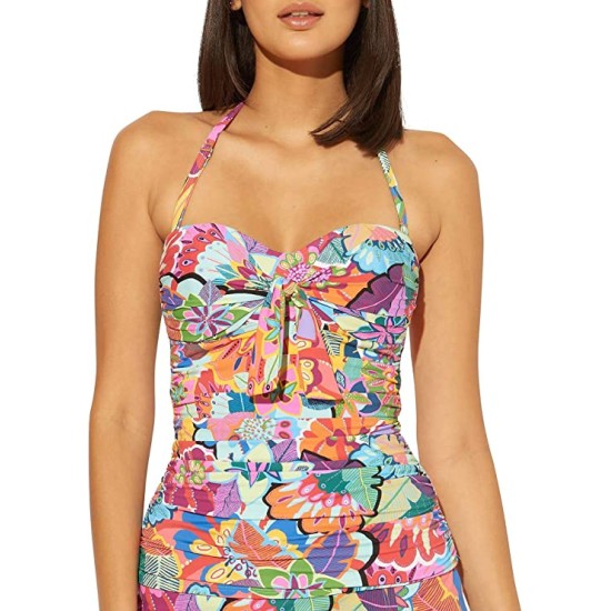  Knot-Front Printed Bandeau Underwire Tankini Top, 4, Multicolor