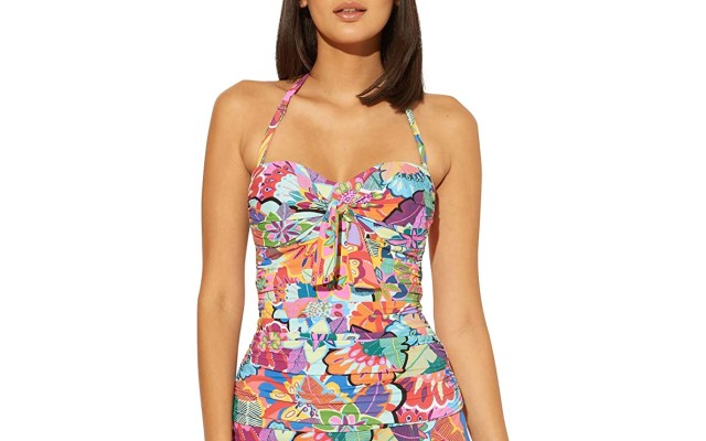  Knot-Front Printed Bandeau Underwire Tankini Top, 4, Multicolor