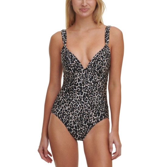  Over-The-Shoulder Tummy-Control One-Piece Swimsuit, Leapord print, 4