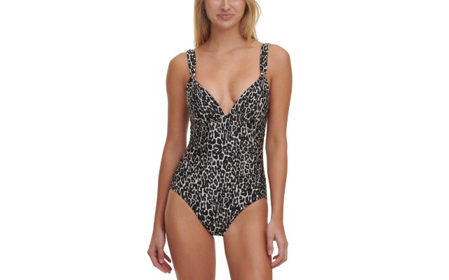  Over-The-Shoulder Tummy-Control One-Piece Swimsuit, Leapord print, 4