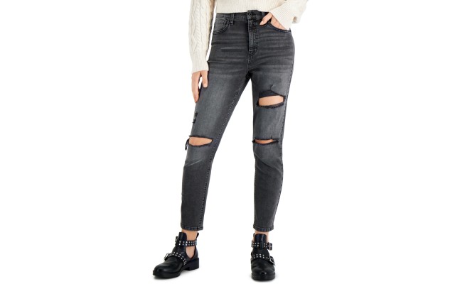  Juniors’ Ripped Mom Jeans, Black, 11