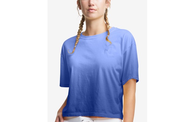  Plus Size Cropped Ombre T-Shirt, Deep Forte Blue Ombre, 2X