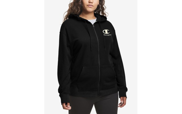  Women’s Plus Size Logo Print French Terry Zip Hoodie, Black, 2X