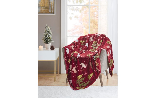  Cozy Plush Holiday Motif Printed Throw, Wine, 50″ x 70