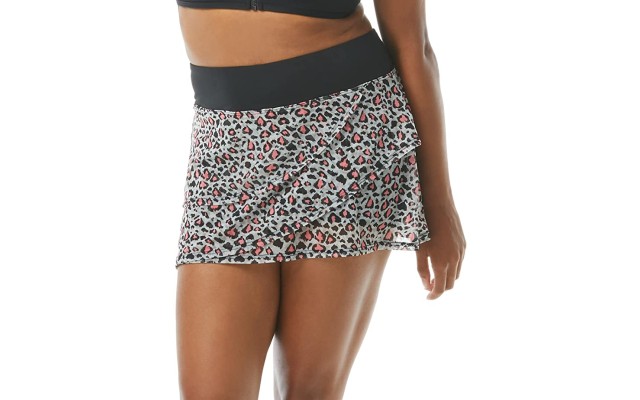  Leopard-print Mesh Swim Skort (Leopard Black, M)