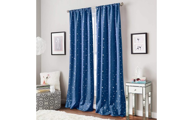  Starry Night Room Darkening Rod Pocket Window Curtain Single Panel, Navy, 40 X 84 inch
