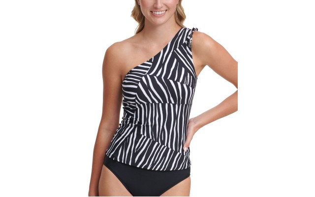  Classic One-Shoulder Tankini Top, Medium, Black/White