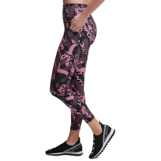  Women’s Sport Printed Logo 7/8 Length Leggings, Black/Pink,X-Small