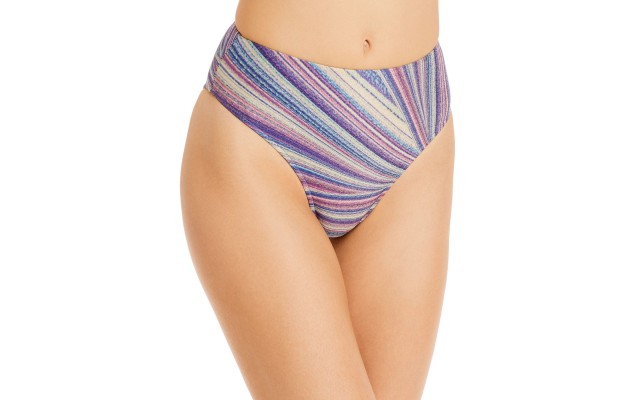  Jenna Printed High Waist Bikini Bottoms, Blue, Small
