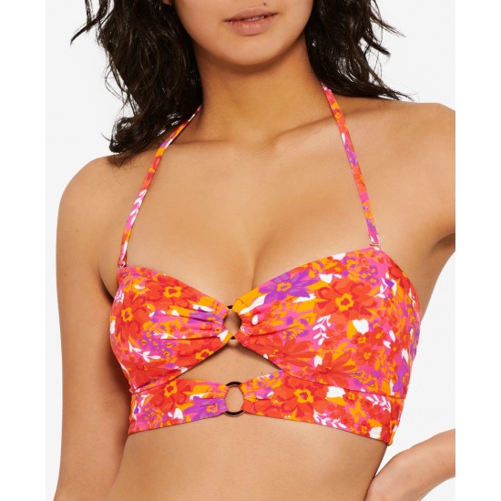  Juniors’ Bold Bouquet Printed Cutout Bikini Top,Orange/Pink, Medium
