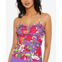 Hula Honey Juniors’ Impressionist Bloom V-Wire Tankini Top,Purple/Multi, Small