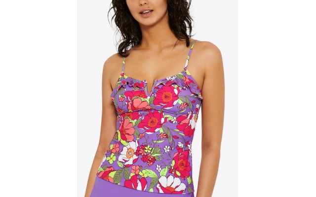  Juniors’ Impressionist Bloom V-Wire Tankini Top,Purple/Multi, Small
