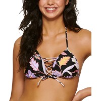 Hula Honey Juniors’ Luna Floral Triangle Bikini Top, Black/Multi, Small