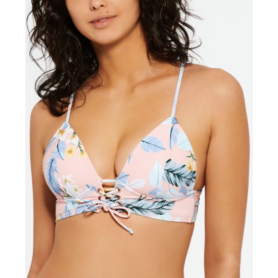  Juniors’ Moana Blossom Lace-Up Bikini Top, Multi, Small