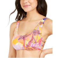 Hula Honey Juniors’ Palm Play Printed Side-Knot Bralette Bikini Top,Orange, Medium