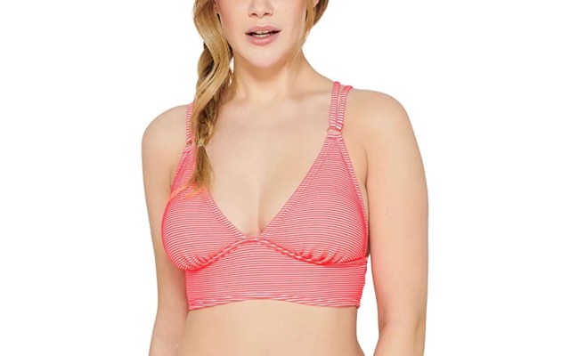  Juniors’ Rib Illusion Cross-Back Bikini Top, Hibiscus, Large