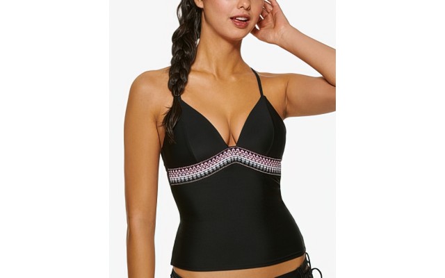  Juniors’ Zig Zag Zink Tankini Top, Women’s Swimsuit, Small, Black