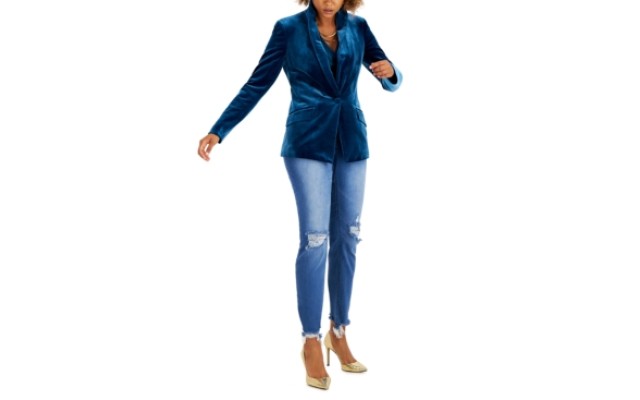  INC Velvet Blazer One Button Lapels Slim Fit Casual Business Work Jacket, Teal, Large