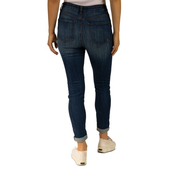 Indigo Rein Destructed High-Rise Rolled-Cuff Skinny Jeans, Dark Blue, 3