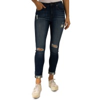 Indigo Rein Destructed High-Rise Rolled-Cuff Skinny Jeans, Dark Blue, 3